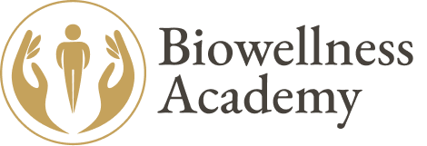 Logo of Biowellness Academy by Gloria, a holistic wellness and beauty center in Son, Netherlands, featuring a gold circle with a golden border and two gold hands in a balanced position.