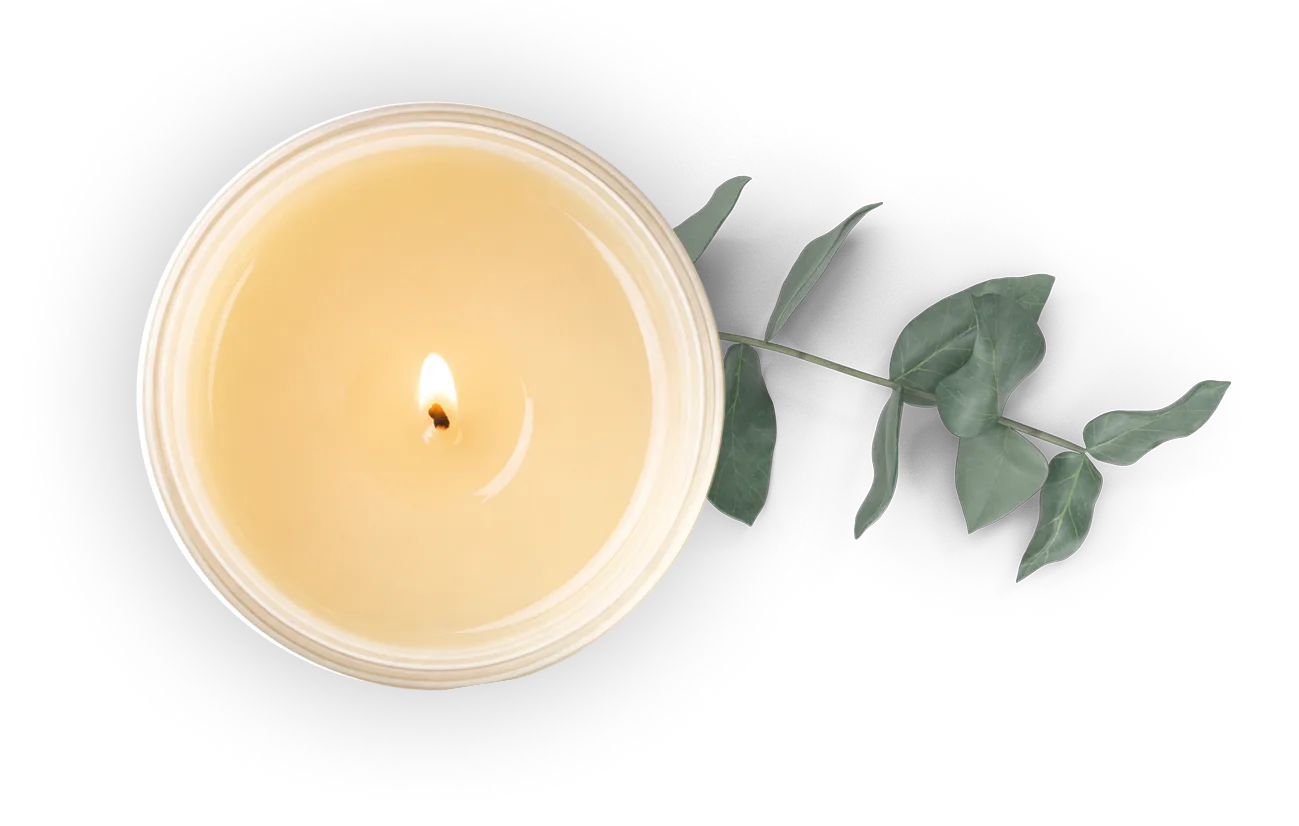 A single lit candle in a clear glass vessel on a white background, surrounded by green leaves, creating a serene atmosphere.