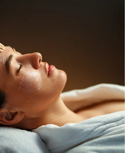 Woman undergoing deep facial cleansing treatment, lying on a white towel-covered table in a spa setting